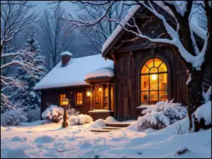 AI, Światła, Latarnie, Dom, Las, Zima, Krzewy, Drzewa, Noc, Śnieg