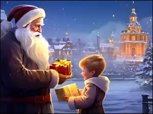 Święty Mikołaj daje prezent dziecku