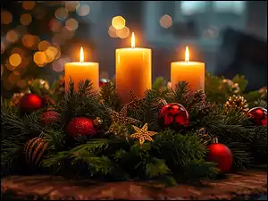 Świąteczne, Gwiazdy, Szyszki, Bombki, Trzy, Stroik, Gałązki, Świece, Świerk, Światło