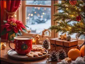 Kubek i ciasteczka na tacy obok szyszek i pomarańczy pod małą choinką na parapecie okna