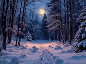Las, Drzewa, Grafika, Zima, Noc, Księżyc, Ścieżka