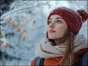 Czapka, Gałązki, Kobieta, Zima, Szal