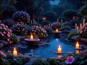 Oczko wodne, Ogród, Kwiaty, AI, Różowe, Świece