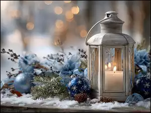 Bombki, Grafika AI, Lampion, Boże Narodzenie, Śnieg