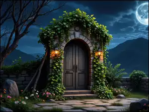 Kamienie, Kwiaty, Murowane, Kolorowe, Noc, Budowla, Drzwi, Księżyc, Rośliny, Ogrodzenie