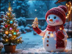 AI, Choinka, Doniczka, Ciastko, Śnieg, Zima, Czapka, Bałwanek, Szalik, Girlandy