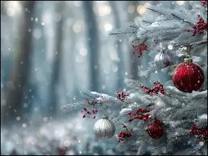 Choinka, Boże Narodzenie, Srebrne, Grafika AI, Czerwone, Bombki