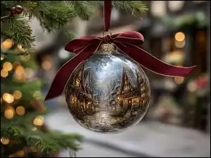 Bombka, Boże Narodzenie, Kokarda, Grafika AI, Czerwona, Świerk