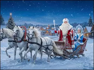 Mikołaj i Śnieżynka w saniach ciągniętych przez białe konie