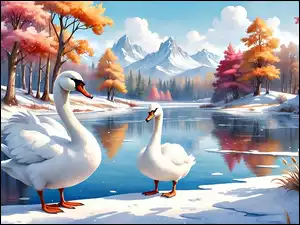 Drzewa, Ptaki, Łabędzie, Jezioro