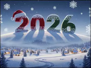 Data 2026 z czapką Mikołaj nad górską wioską w grafice