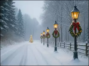 Świąteczne wieńce na zapalonych latarniach i udekorowana choinka na zaśnieżonej drodze przez zamglony las