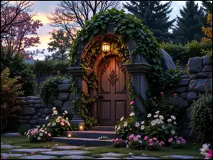 Drzewa, Schody, Rośliny, Białe, Kwiaty, Drzwi, Latarnia, Mur, Różowe