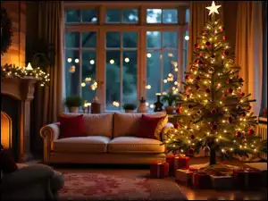 Choinka, Kominek, Sofa, Wieniec, Pokój, Okno, Prezenty, Boże Narodzenie, Girlandy, Udekorowana, AI