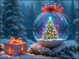 AI, Szklana, Śnieg, Prezent, Kokardy, Kula, Udekorowana, Boże Narodzenie, Choinka