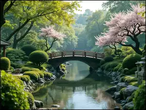 Mostek, Krzewy, Rzeka, Ogród, Drzewa