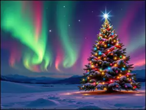 Zorza polarna, Zima, Udekorowana, Boże Narodzenie, Pole, Choinka, AI, Śnieg