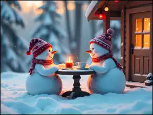 AI, Stolik, Świeca, Szaliki, Śnieg, Zima, Bałwanki, Dwa, Czapki, Dom