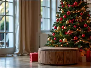 Prezenty, Choinka, Okno, Grafika AI, Podium, Boże Narodzenie