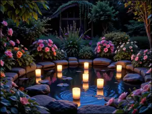 Świece, Ogród, Oczko wodne, Kwiaty