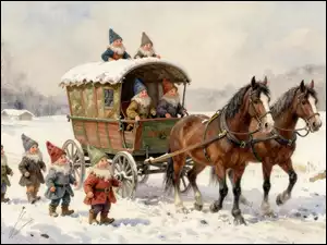 Skrzaty obok i na wozie ciągniętym przez dwa konie zimową porą