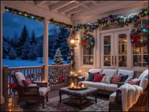 Fotele i sofa przy stoliku na tarasie udekorowanym wieńcami na girlandach i latarniami