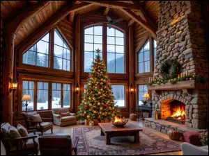 AI, Choinka, Okna, Udekorowana, Salon, Zima, Stolik, Fotele, Kominek, Boże Narodzenie