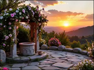 Łuk, Kolorowe, Góry, Budowla, Zachód słońca, Kamienie, Kwiaty