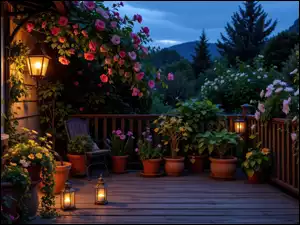 Lampiony, Kwiaty, Taras, Dom, Kolorowe