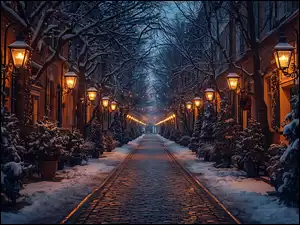 Zapalone latarnie i domy oraz ośnieżone drzewa przy brukowanej ulicy