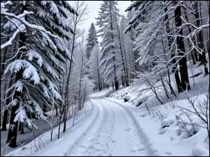 Zbocze, Droga, Las, Grafika AI, Zima, Drzewa