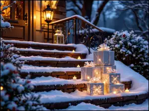 Latarnia, Dom, Świece, Ośnieżone, Krzewy, Schody, Śnieg, Zima, Prezenty