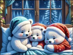 Okno, Trzy, Łóżko, Zima, Misie, Choinki, AI, Czapki