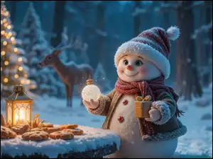 Bałwanek w zimowym ubranku z bombką i prezentem obok ośnieżonego stolika z zapalonym lampionemi ciastkami