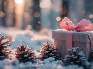 Kokarda, Śnieg, Wstążka, Prezent, Szyszki