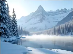 Ośnieżone drzewa nad zamgloną rzeką z ośnieżonymi skalistymi górami w tle