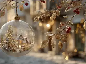 Bombka, Boże Narodzenie, Liście, Grafika AI, Złote, Gałązki