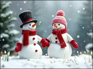 Czapki, Grafika, Bałwanki, Zima, Szaliki