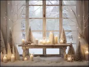 Dekoracje swiąteczne z zapalonymi świeczkami na ławie przy oknie z widokiem na drzewa przyprószone śniegiem