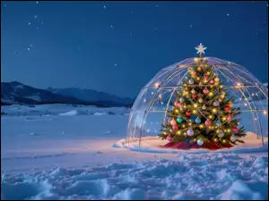 Udekorowana choinka w szklanym iglo na tle gór nocną porą