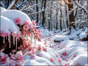 Drzewa, Zima, Różowe, Las, Kwiaty, Zaspy, Sople