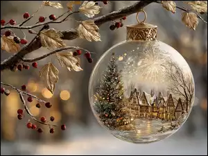 Bombka, Boże Narodzenie, Liście, Grafika AI, Złote, Gałązka