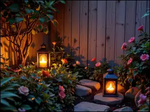 Kamienie, Różowe, Płaskie, Ściana, Deski, Kwiaty, Dwa, Ogród, Lampiony