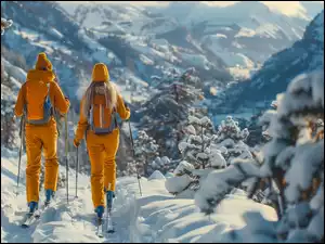 Drzewa, Grafika AI, Narciarze, Zima, Góry