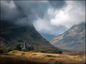 Góry, Grafika AI, Zamek, Dolina, Chmury