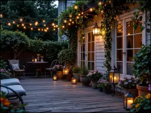 Kwiaty, Dom, Stolik, Rośliny, Taras, Lampiony, Oświetlenie, Krzesła