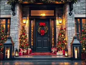 Dom, Boże Narodzenie, Choinki, Grafika AI, Drzwi, Lampy