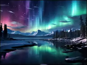 Rzeka, Zima, Góry, Grafika AI, Drzewa, Zorza polarna