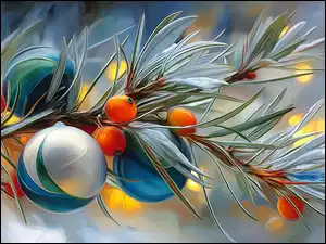Owoce, Boże Narodzenie, Gałązka, Bombki, Grafika AI