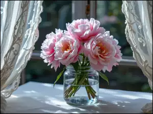 Słoik, Firanki, Piwonie, Różowe, Okno